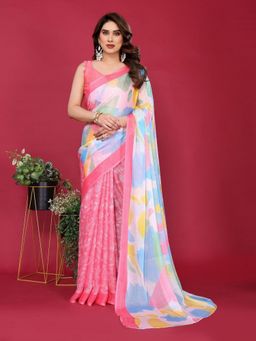 Odette - Women's Pink Silk Floral Saree with Unstitched Blouse