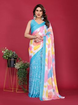 Odette - Women Sky Blue Silk Floral Saree with Unstitched Blouse