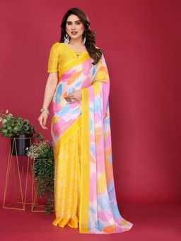 Odette - Women Yellow Silk Floral Saree with Unstitched Blouse