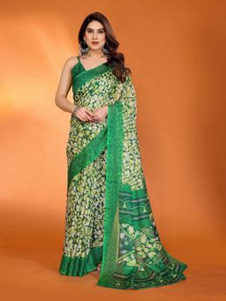 Odette - Women's Green Silk Floral Saree with Unstitched Blouse