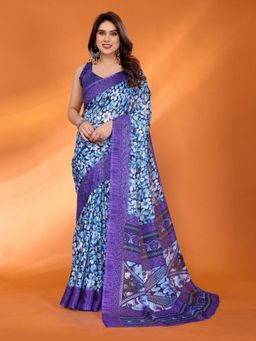 Odette - Women Blue Silk Floral Printed Saree with Unstitched Blouse