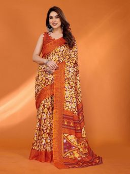 Odette - Women Orange Silk Floral Saree with Unstitched Blouse