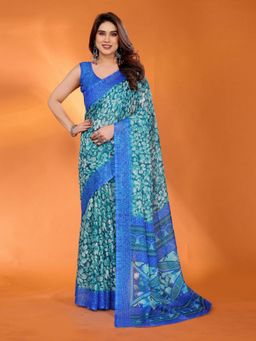 Odette - Women's Blue Silk Floral Printed Saree with Unstitched Blouse