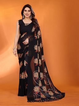 Odette - Women Black Silk Floral Saree with Unstitched Blouse