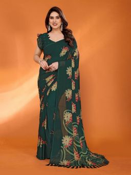 Odette - Women Green Silk Floral Saree with Unstitched Blouse
