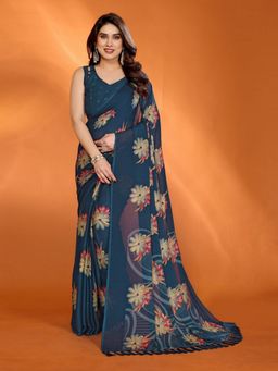 Odette - Women Blue Silk Floral Printed Saree with Unstitched Blouse