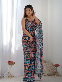 Odette - Women Dark Blue Silk Printed Saree with Unstitched Blouse