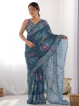 Odette - Women Blue Silk Printed Saree with Unstitched Blouse