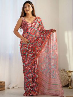 Odette - Women Red Silk Printed Saree with Unstitched Blouse