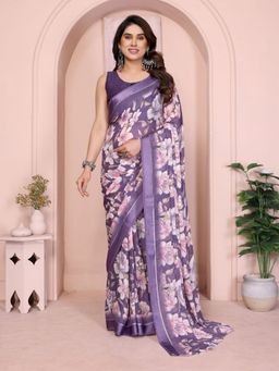 Odette - Women Purple Georgette Floral Saree with Unstitched Blouse