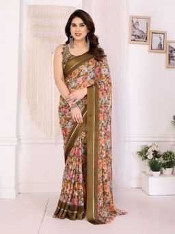 Odette - Women's Brown Georgette Floral Saree with Unstitched Blouse