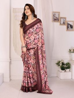 Odette - Women's Wine Georgette Floral Saree with Unstitched Blouse