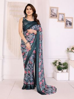 Odette - Women Green Georgette Floral Printed Saree with Unstitched Blouse