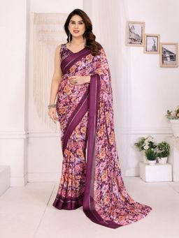 Odette - Women's Purple Georgette Floral Saree with Unstitched Blouse