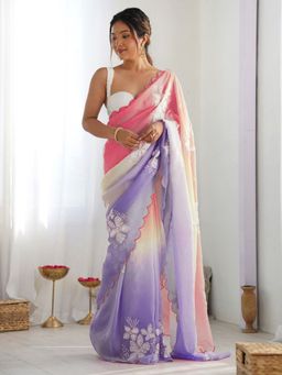 Odette - Women Multi-Color Silk Floral Embellished Saree with Unstitched Blouse
