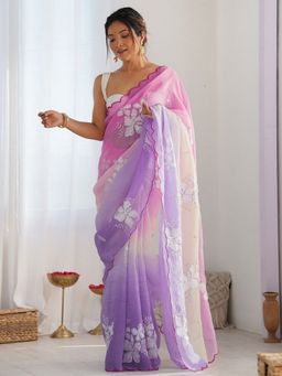 Odette - Women's Multi-Color Silk Floral Embellished Saree with Unstitched Blouse