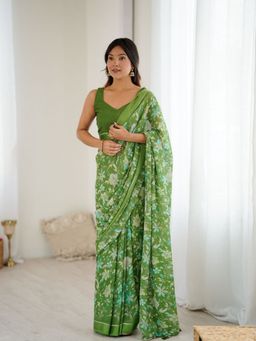 Odette - Women Green Georgette Floral Tassel Saree with Unstitched Blouse