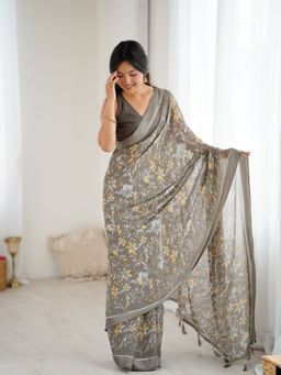 Odette - Women Grey Georgette Floral Tassel Saree with Unstitched Blouse