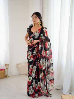 Odette - Women Black Georgette Floral Mirror Work Saree with Unstitched Blouse