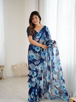 Odette - Women Blue Georgette Floral Mirror Work Saree with Unstitched Blouse