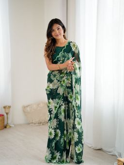 Odette - Women Green Georgette Floral Mirror Work Saree with Unstitched Blouse