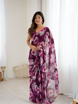 Odette - Women Wine Georgette Floral Saree with Unstitched Blouse