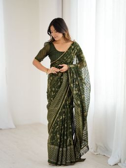 Odette - Women Dark Olive Georgette Floral Saree with Unstitched Blouse