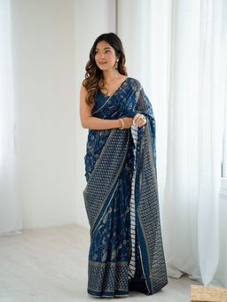 Odette - Women Blue Georgette Floral Tassel Saree with Unstitched Blouse