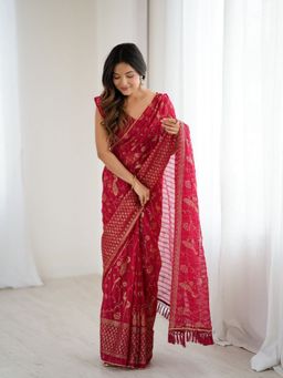 Odette - Women Pink Georgette Floral Saree with Unstitched Blouse