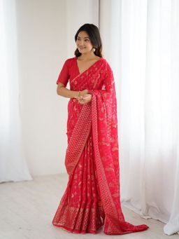 Odette - Women Red Georgette Floral Saree with Unstitched Blouse