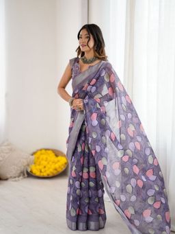 Odette - Women Lavender Cotton Printed Saree with Unstitched Blouse