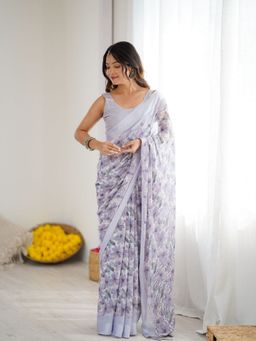 Odette - Women Light Purple Cotton Floral Saree with Unstitched Blouse