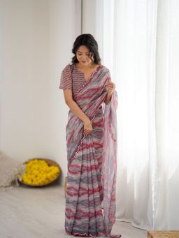 Odette - Women Multi-Color Georgette Printed Mirror Work Saree with Unstitched Blouse