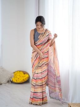 Odette - Women's Multi-Color Georgette Printed Mirror Work Saree with Unstitched Blouse