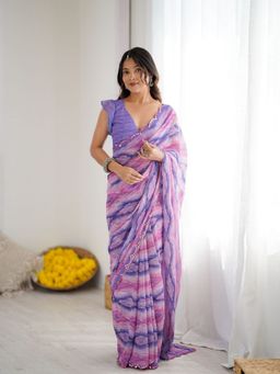 Odette - Women Multi-Color Georgette Printed Mirror Work Saree with Unstitched Blouse