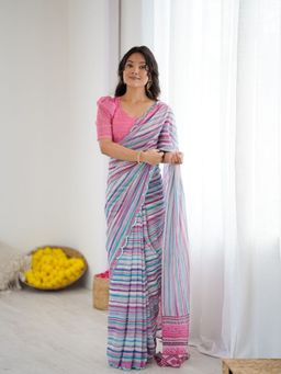 Odette - Women Multi-Color Georgette Stripes Saree with Unstitched Blouse
