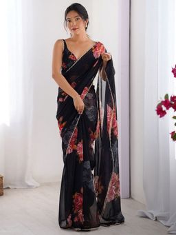 Odette - Women Black Georgette Floral Saree with Unstitched Blouse