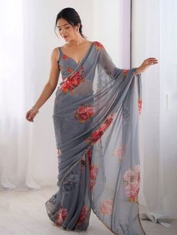 Odette - Women Grey Georgette Floral Gota Saree with Unstitched Blouse