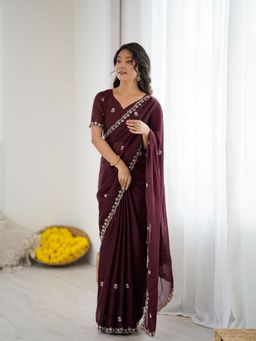 Odette - Women Maroon Georgette Embroidered Saree with Unstitched Blouse