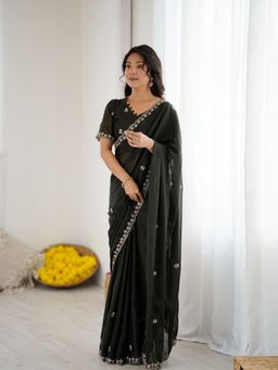 Odette - Women Green Georgette Embroidered Saree with Unstitched Blouse