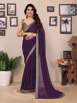 Odette - Women's Wine Georgette Embroidered Saree with Unstitched Blouse