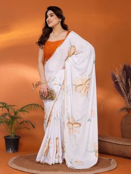 Odette - Women's White Georgette Floral Saree with Unstitched Blouse