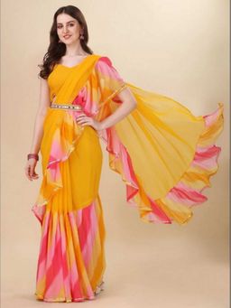 Odette - Women's Yellow Georgette Saree with Unstitched Blouse and Belt