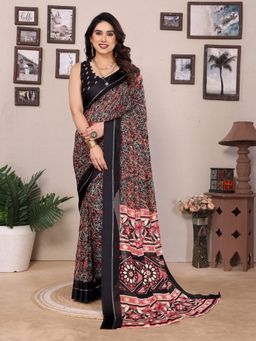 Odette - Women Black Georgette Floral Printed Saree with Unstitched Blouse