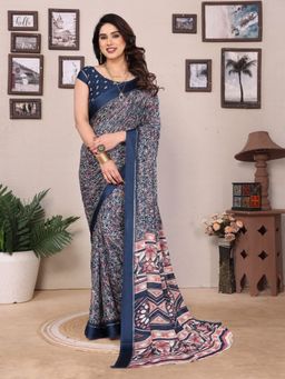 Odette - Women Blue Georgette Floral Saree with Unstitched Blouse