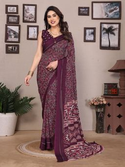 Odette - Women Wine Georgette Floral Saree with Unstitched Blouse