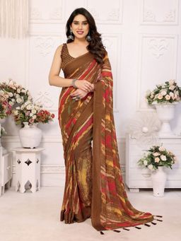Odette - Women Brown Georgette Printed Saree with Unstitched Blouse