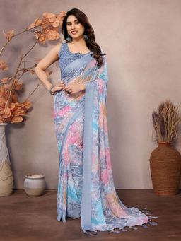 Odette - Women Blue Georgette Paisley Saree with Unstitched Blouse