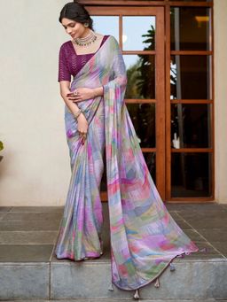 Odette - Women Purple Georgette Printed Saree with Unstitched Blouse