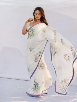 Odette - Women White Georgette Floral Printed Saree with Unstitched Blouse